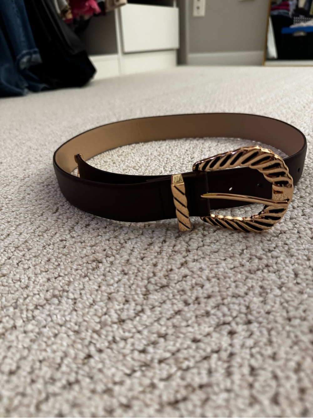 Classic Brown Women's Leather Belt with Gold Decorative Buckle